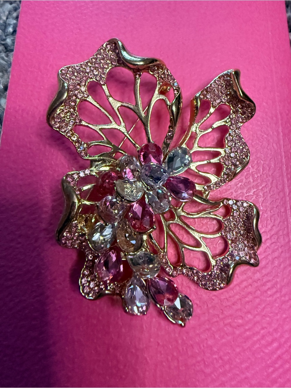 Gold Floral Large Crystal Brooch - Pink and Clear Stones